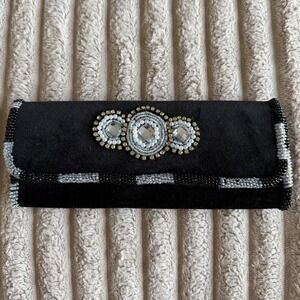 Vintage Black Velvet Beaded Clutch Rhinestone Medallion Evening Bag Baguette